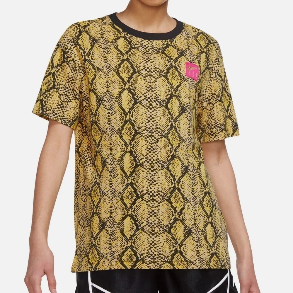 NWT Nike Basketball Vivid Sulfur AOP Boyfriend Short Sleeve Snakeskin Print Tee